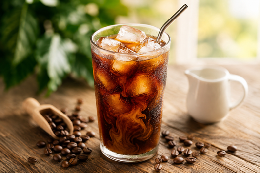 A glass of cold brew coffee over ice with a metal straw, surrounded by coffee beans on a wooden table