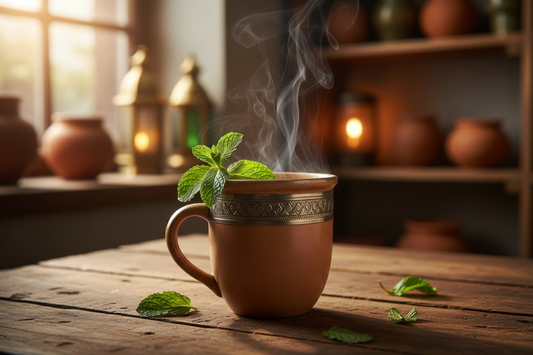 A steaming mug of Moroccan mint tea with a fresh mint sprig on the rim, resting on a wooden surface